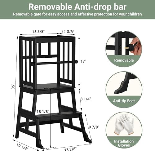 COSYLAND Kids Kitchen Step Stool Helper Baby and Toddler Multi-Function Step up Nursery Helper Stand with Safety Rail in Natural Bamboo, Strong and Lightweight 1.5-3 Years (Black) thumbnail 2
