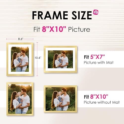 FIXSMITH 8x10 Picture Frame Bulk-6 Pack, Gold Picture Frames Collage Wall Decor, Wall & Tabletop Picture Frames, Photo Frame with HD Plexiglass, Display Pictures 5x7 with Mat or 8x10 Without Mat thumbnail 3