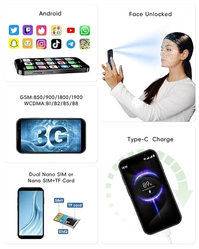 ACCOF Mini Phone Unlocked,3.0 Inch Display Mini Smartphone Android Unlocked, Dual Camera, Small Phone,900mAh 3G Network Cell Phone for Kids/Student/Backup/Travel,Dual SIM 2GB+16GB/128GB (Black) thumbnail 5