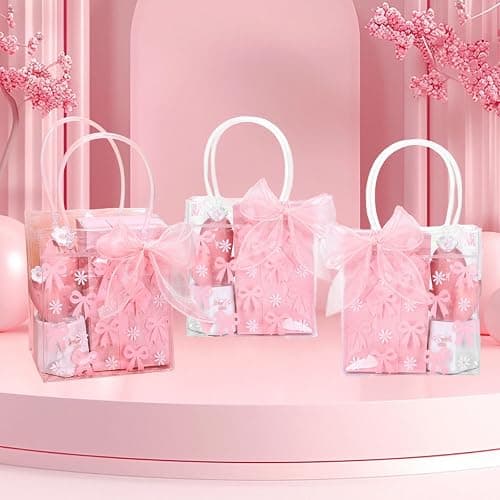 ROBOHOOK 6 PCS Clear Gift Bags with Handles, Reusable Bow Goodie Bags, Comes with a Roll of 9m Pink Ribbon Suitable for Weddings Birthdays Baby Showers Etc thumbnail 5