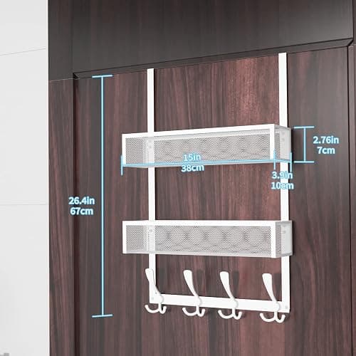 Kaiferty Over The Door Hooks Organizer,Coat Rack with 12 Hooks and 2 Mesh Baskets,Back of Door Storage Organizer for Bathroom,Bedroom,Kitchen,Office(White) - 2 Upgrated Baskets-White thumbnail 3