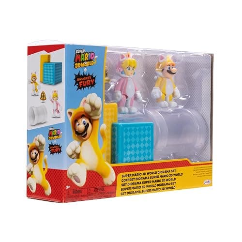 Super Mario Nintendo 2.5" Action Figures 3D World Diorama Includes Cat Mario and Cat Peach thumbnail 5