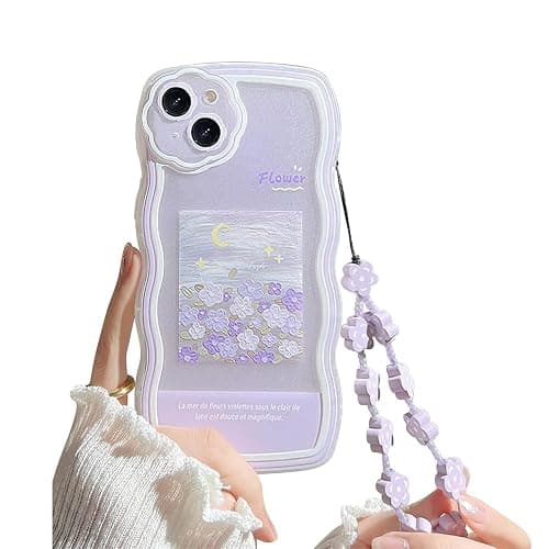 Fycyko Compatible with iPhone 14 Case with Cute Purple Flower Floral Pattern Design Aesthetic Women Teen Girls Flower Lens Protection Case for iPhone 14 +Chain-Flower thumbnail 2