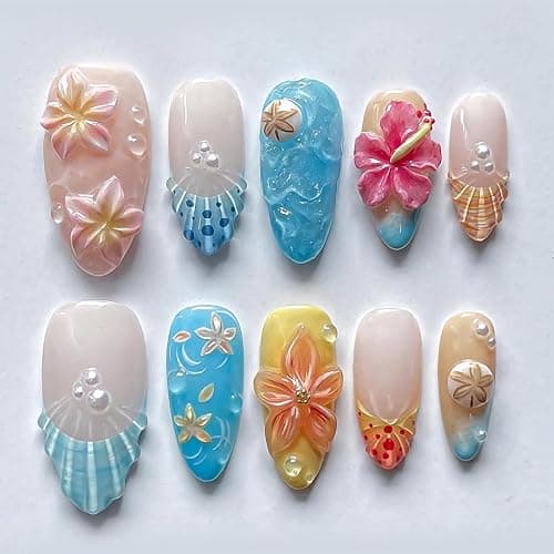 BABALAL Press on Nails Medium Almond Fake Nails Summer Beach Glue ons Blue Yellow 3d Texture Flower Sea Shell Design Handmade Supplies 24Pcs Full Cover Acrylic False Nails with Charm - Image 1