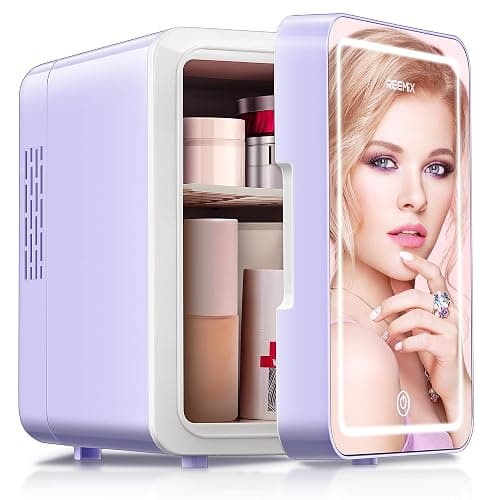 Skincare Fridge, Mini Fridge with Dimmable LED Morror, Makeup Fridge for Bedroom, Car, Office & Dorm, Cooler & Warmer, Portable Small Refrigerator for Cosmetics, Skin Care and Food (Purple, 4L/6Can) - Image 1