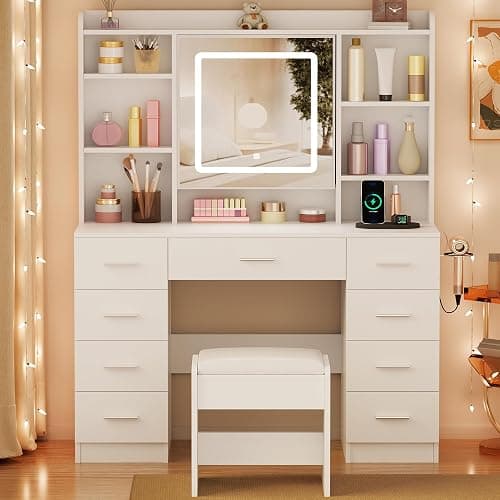 BEWISHOME Vanity Desk with Mirror and Lights, Makeup Vanity Table with Power Outlet,Stool Vanity Table with 9 Drawers 6 Storage Shelves Jewelry Storage,Dressing Table for Bedroom Girls White FST36W thumbnail 8