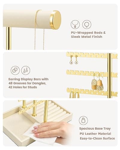 Lolalet 5 Tier Jewelry Stand Holder, Bracelet Necklace Display -Beige | PU Leather Hanging Jewelry Rack with Storage Tray, Ring Watch Bangle Earring Organizer, Gifts Dorm Room Decor for Women Girls thumbnail 5