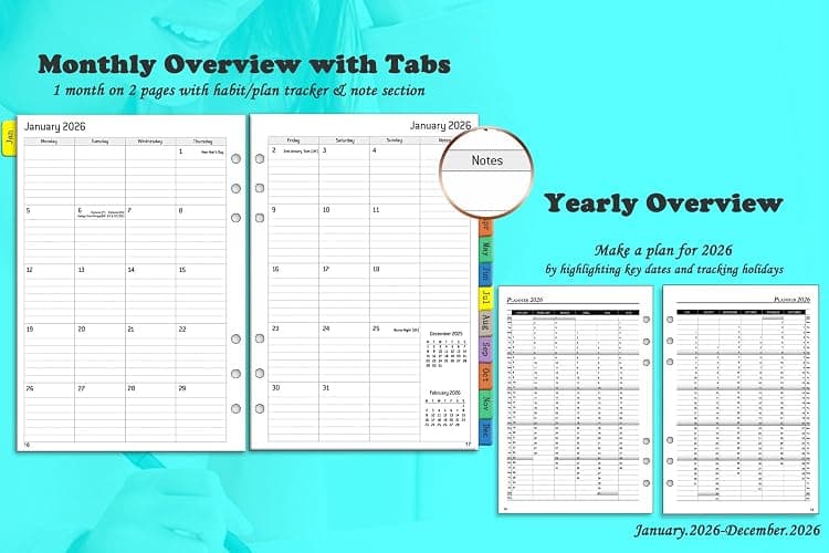 Diary 2026 Week to View A5 Refillable, Annual Monthly & Weekly Planner with Tabs, Password, Notes, Contact, UK Holiday, Pocket & Pen Loop, PU Leather Softcover, Personal Organiser, Jan.26 - Dec.26 thumbnail 6