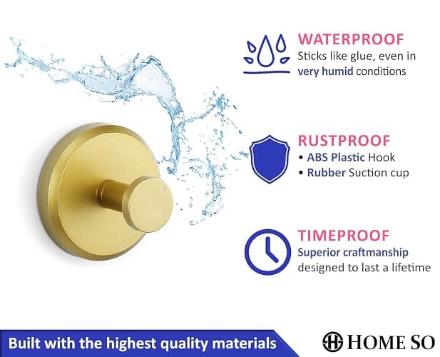HOME SO Suction Cup Hooks for Shower, Bathroom, Kitchen, Glass Door, Mirror, Tile – Loofah, Towel, Coat, Bath Robe Hook Holder for Hanging up to 15 lbs – Waterproof, Matte Brushed Satin Gold (2-Pack) thumbnail 6