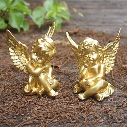 OwMell Set of 2 Cherubs Angels Resin Statue Figurine, Indoor Home Decoration, Adorable Angel Sculpture Memorial Statue 4" - Gold thumbnail 5
