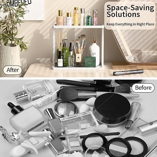 PEKER Bamboo Bathroom Organizer Countertop – Small Vanity Storage Shelf for Makeup, Perfume, Skincare – Natural Cosmetics Display Rack for Dresser, Sink, Kitchen –White thumbnail 5