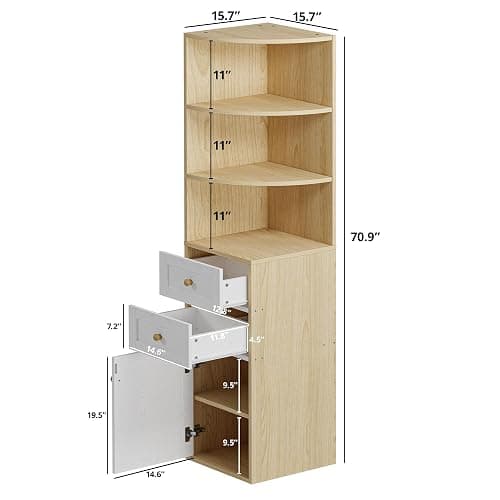 IRONCK Corner Bookshelf and Bookcase, 71" H Wooden Book Shelves 3 Tier with Drawers and Storage Cabinet for Living Room, Office, Bedroom, Oak and White thumbnail 2