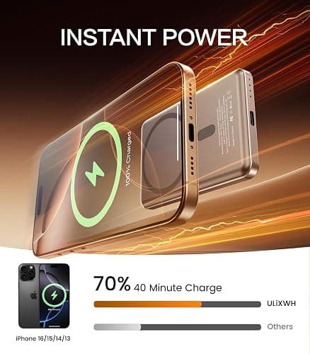 [0.3" Ultra Slim] [Alloy-Made] ULiXWH Magsafe Portable Charger for iPhone, 2025 Upgrade 5000mAh Fast Charging Magnetic Power Bank, Wireless Battery Pack for iPhone 17 Air 16 15 Pro Max 14, Desert Gold thumbnail 4