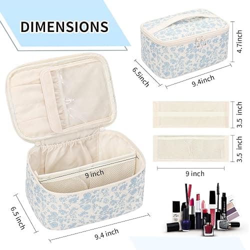 OCHEAL Makeup Bag Portable Cosmetic Bag For Women, Large Capacity Travel Makeup Case Organizer, Toiletry Bag for Girls Traveling With Handle and Divider-Flowers thumbnail 7