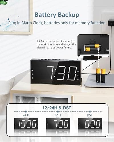 Loud Alarm Clock with Bed Shaker for Heavy Sleeper, Dual Vibrating Alarm Clock with USB Charger for Hard of Hearing/Deaf, 7.5’’ Large LED Display with Dimmer, Snooze, 12/24H & Battery Backup thumbnail 7