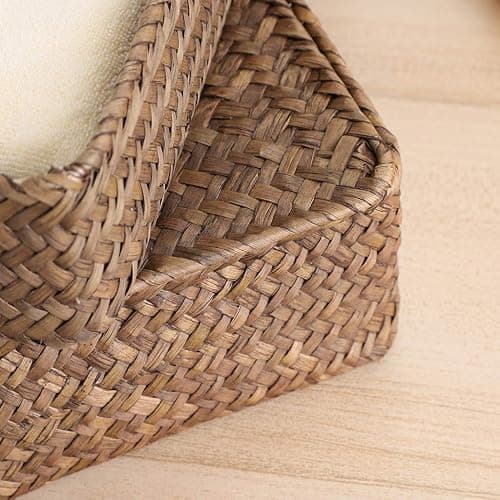 Hipiwe Set of 2 Flat Woven Wicker Storage Bins with Lid Natural Seagrass Basket Multipurpose Home Boxes for Shelf Organizer (Coffee) thumbnail 7