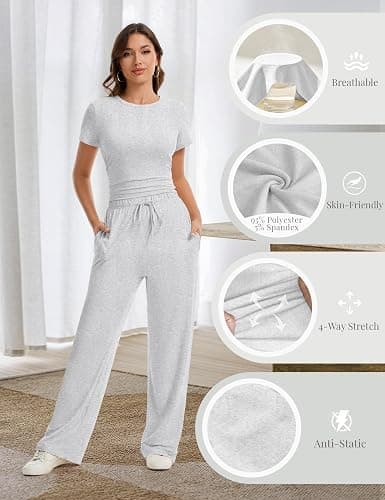 LanGui 2 Piece Sets for Women Summer 2026 Lounge Set Side Ruched Top and Wide Leg Pants for Airport Travel Vacation Outfit thumbnail 8