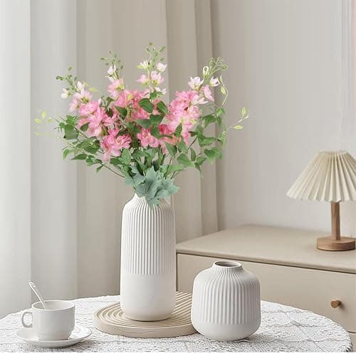 ICBOX 8PCS Pink Artificial Delphinium Flowers with Clematis Greenery Long Stem Artificial Flowers for Tall Vase for Home Wedding Floral Arrangement Centerpiece Table Decor (Pink) thumbnail 4