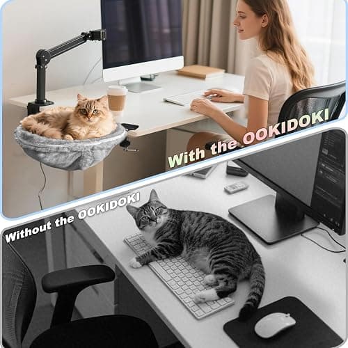 Cat Desk Bed, Cat Hammock Integrated Clamp– Sturdy and Comfortable for Indoor Pets up to 40 lbs – Ideal for Remote Workers, Gamers, and Office Use – Removable and Washable Faux Fur Pad - Round thumbnail 2