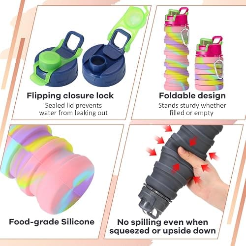 Sunnyray 14 Pack Collapsible Water Bottles Travel 17oz Silicone Portable Foldable Bottles Leak Proof Reusable Sports Cups with Clip for Camping Hiking Cycling Outdoor(Dark Color) thumbnail 3