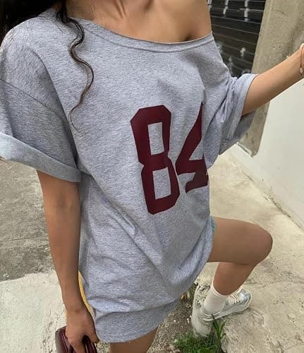 Pinclodly Off The Shoulder Tops for Women Short Sleeve Y2K Jersey Number Graphic Oversized Tshirts E-Girl Tees thumbnail 4