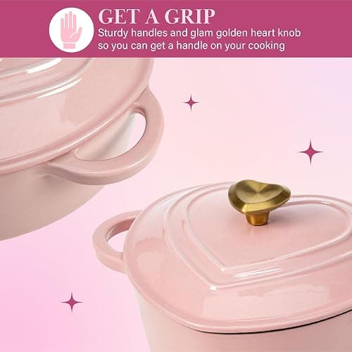 Paris Hilton Enameled Cast Iron Dutch Oven Heart-Shaped Pot with Lid, Dual Handles, Works on All Stovetops, Oven Safe to 500°F, 2-Quart, Pink thumbnail 6