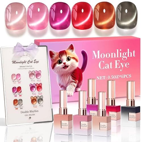 Double Rhythm Cat Eye Gel Nail Polish Set of 6 Same Color Same Bottle 0.5 Oz Shimmer Glitter with Magnet Holographic Reflective Magnetic UV Nail Polish Kit at Home (Glass Brown Red Nude-T6-43) - Image 1