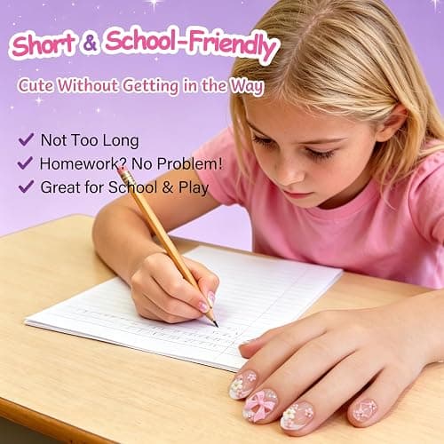 24pcs Press on Nails for Kids, Trendy Ballet Bow & Flower for Girls 8-12 | Almond Short French Tips, 12 Size, Non-Toxic, Fashion Nail Kit with Adhesive Tabs, Nail File, for Christmas, Birthday, Party thumbnail 5