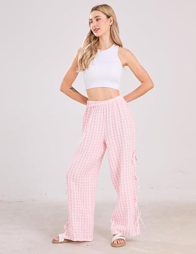 codcm Womens Gingham Striped Wide Leg Pants Y2k Lounge Pants Lace Up Loose Trousers thumbnail 3