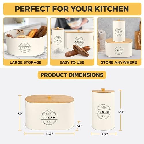 Kito LIVING Canisters Sets for Kitchen Counter Storage and Organization with Wooden Bamboo Lids, Food Pantry Containers, Stackable Steel Storage Bins, Airtight Bread and Flour Containers - Cream - Cream - Bread, Flour thumbnail 3