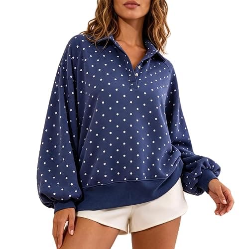 Women Oversized Polka Dot Sweatshirts Long Sleeve Quarter Button Pullover | Henley Neck Snap Button Up Pullover Tops, Raglan Sleeve Y2k Teens Girls Fall Outfits Preppy Cute Clothes - Image 1