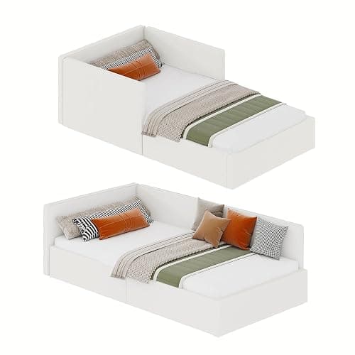 GarveeHome Twin Daybed with Bed Rails, Velvet Upholstered Corner Bed Frame with Headboard, Modern Kids Bed with Guardrail for Living Room, Bedroom, Easy Assembly, Beige thumbnail 8