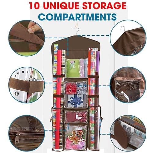 ProPik Hanging Double Sided Wrapping Paper Storage Organizer with Multiple Pockets, Organize your Gift Wrap, Gift Bags, Bows, Ribbons 40"X17" Fits 40 Inch Rolls Clear PVC Bag (Brown) thumbnail 5