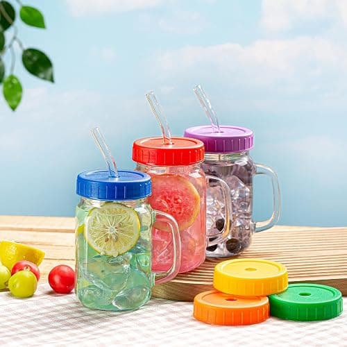 wookgreat Mason Jars with Handle, 12 Pack 16oz Jar Drinking glasses lid and straw, Cups, Regular Mouth mugs for Iced Coffee, Smoothie, Airtight Lids Food Storage, clear thumbnail 2