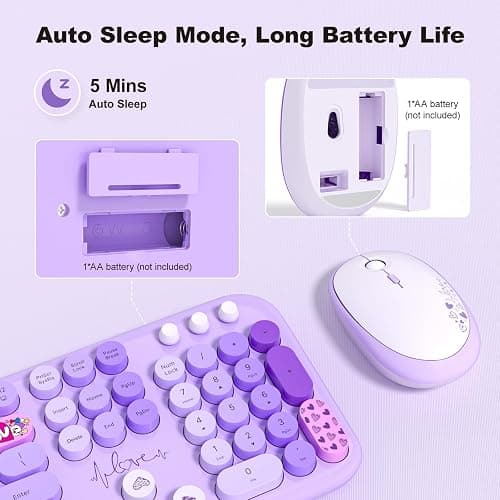 MOFII Wireless Keyboard and Mouse Combo, Cute Colorful Full Size Keyboard and Adjustable Mouse, 2.4GHz Retro Typewriter Keyboard and Mouse Set for PC/Desktop/Laptop/Windows (Purple Colorful) thumbnail 6