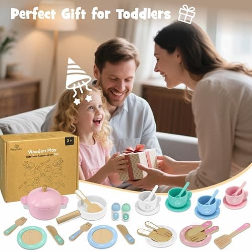 SimpliPlay Wooden Toy Plates and Dishes for Kitchen Set, 30PCS Montessori Play Kitchen Accessories for Toddlers with Toy Pots and Pans, Wooden Play Cooking Set for 3-8 Years Girls & Boys thumbnail 7