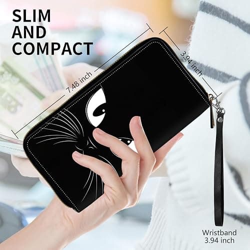 DHYYDSQZ Womens Wallet, PU Leather RFID Cute Wristlet Wallets for Girls Women Ladies Purse Large Credit Card Clutch Purse Card Holder Coin Pocket Travel Wallets with Zipper, A Black Cat thumbnail 3
