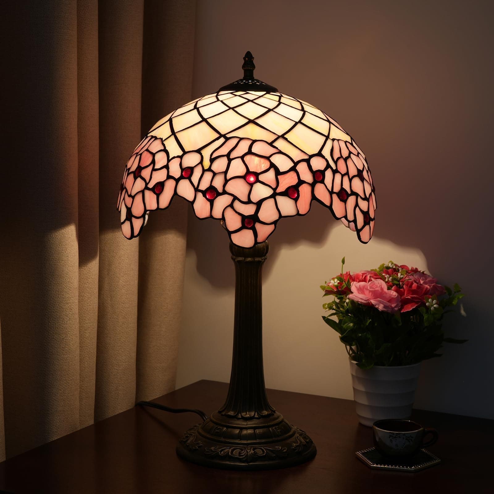 Tiffany Lampshade, Bedside Lamp, Stained Glass for Bedroom, Dorm, Living Room and Kitchen, Cute Home Aesthetic Decoration Gift, Cherry Blossom thumbnail 3