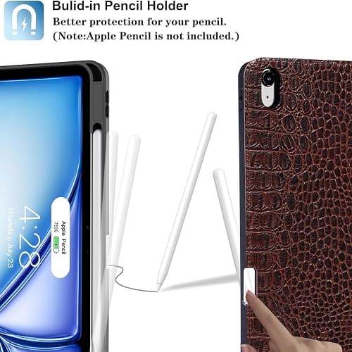 Gexmil Genuine Leather Case for iPad Pro 11 Inch 4/3/2/1st Gen 2022/2021/2020/2018,Smart Folio with Pencil Holder,Protective Shockproof Real Leather Cover,Auto Sleep/Wake,Brown Crocodile thumbnail 6