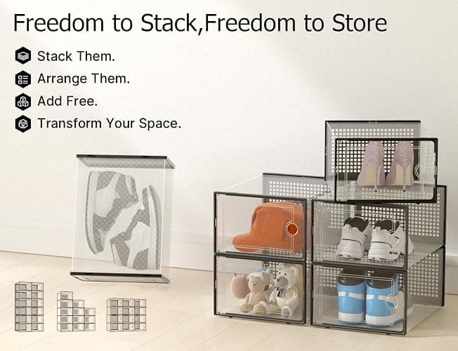 Kuject X-Large Shoe Storage Boxes 12 Pack, Clear Stackable Shoe Organizer | Shoe Case for Closet, Entryway & Under-Bed Storage, Drop-Front Design, Space-Saving Solution for Family Organization,Black thumbnail 9