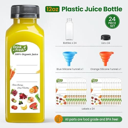 24 PACK, 12 OZ Reusable Thicker Plastic Juice Bottles with Caps, Leakproof | Plus 24 Labels & 2 Funnels, Clear Juicing Bottles for Juice, Smoothies, Ginger, Tea, Coffee -Food Grade & Travel & Freezable thumbnail 4