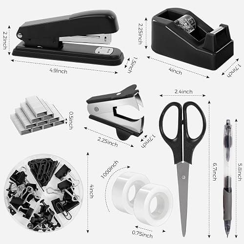 SKYDUE Black Office Supplies Set, Black Desk Accessories, Stapler, Tape Dispenser, Scissors, Binder/Paper Clips and 1000pcs Staples, Desk Supplies Set thumbnail 3