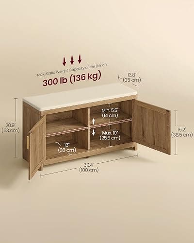 VASAGLE ELLAN Collection - Boho Shoe Bench with Cushion, Entryway Storage Bench with 2 Rattan-Look Cabinet Doors, Rounded Corners, Adjustable Shelf, for Bedroom Under Window, Natural Brown ULSB501KC01 thumbnail 2