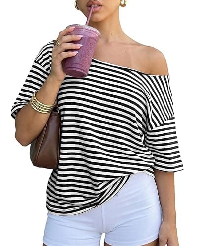 Cioatin Women Oversized Off Shoulder Striped Tee Tops Y2K Aesthetic Clean Fit Short Sleeve Tshirt Pullover Preppy Going Out - Image 1