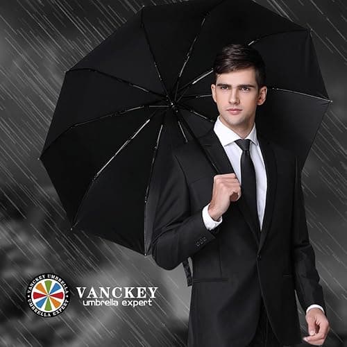 MIKAFEN Umbrella Windproof With Wood Handle - Travel and Automatic, Umbrella Compact for Men and Woman - with 10 Ribs Fiberglass and Compact Rain Protect（Black） thumbnail 2