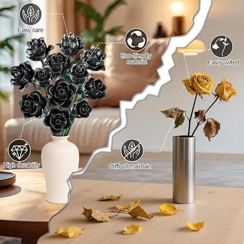 Black Roses Flower Building Set-12Pack, Compatible with Lego Bouquet for Adults,Gothic Horror Flowers Botanical, Gift for Halloween & Valentines Compatible with Lego Roses(585pcs) thumbnail 3