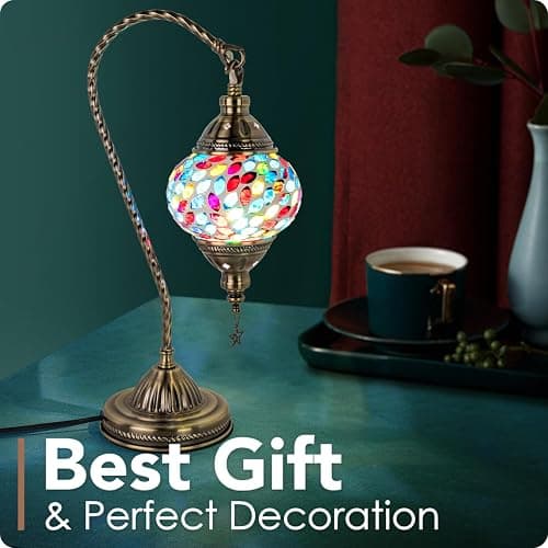 Yarra-Decor Turkish Moroccan Lamp with Bronze Base 3-Way Color Changing Handmade Swan Neck Tiffany Mosaic Glass Bedside Lamps for Bedroom (LED Bulb Included) (Colorful3) thumbnail 4