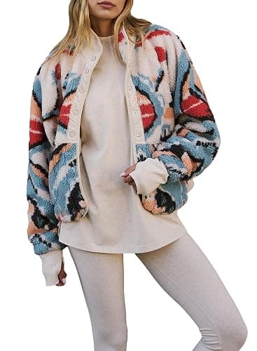 Kumufenc Printed Sherpa Jacket for Women Long Sleeve Button Down Fuzzy Fleece Coat Y2K Outerwear with Pockets - Image 1