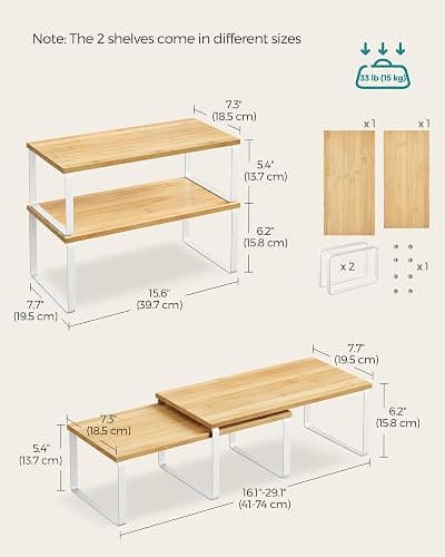 SONGMICS Cabinet Organizer Shelf, Set of 4 Kitchen Counter Shelves, Kitchen Storage, Spice Rack, Stackable, Expandable, Metal and Engineered Wood, Cloud White and Natural Beige UKCS210W01 thumbnail 2