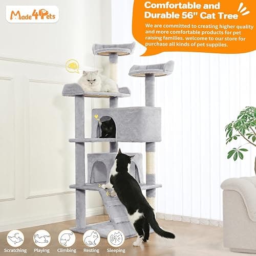 Made4Pets Cat Tree 54in Cat Tower for Indoor Cats Kitten Tree Multi-Level Cat Tree with 2 Condo Furniture Activity Center with Scratching Posts Funny Toys Kittens Pet Play House, Light Grey thumbnail 4
